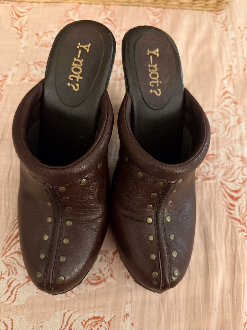 Vintage Y2K Women's Brown Studded Leather Mule Heels Clogs Boho Festival 2000s - Picture 3 of 9
